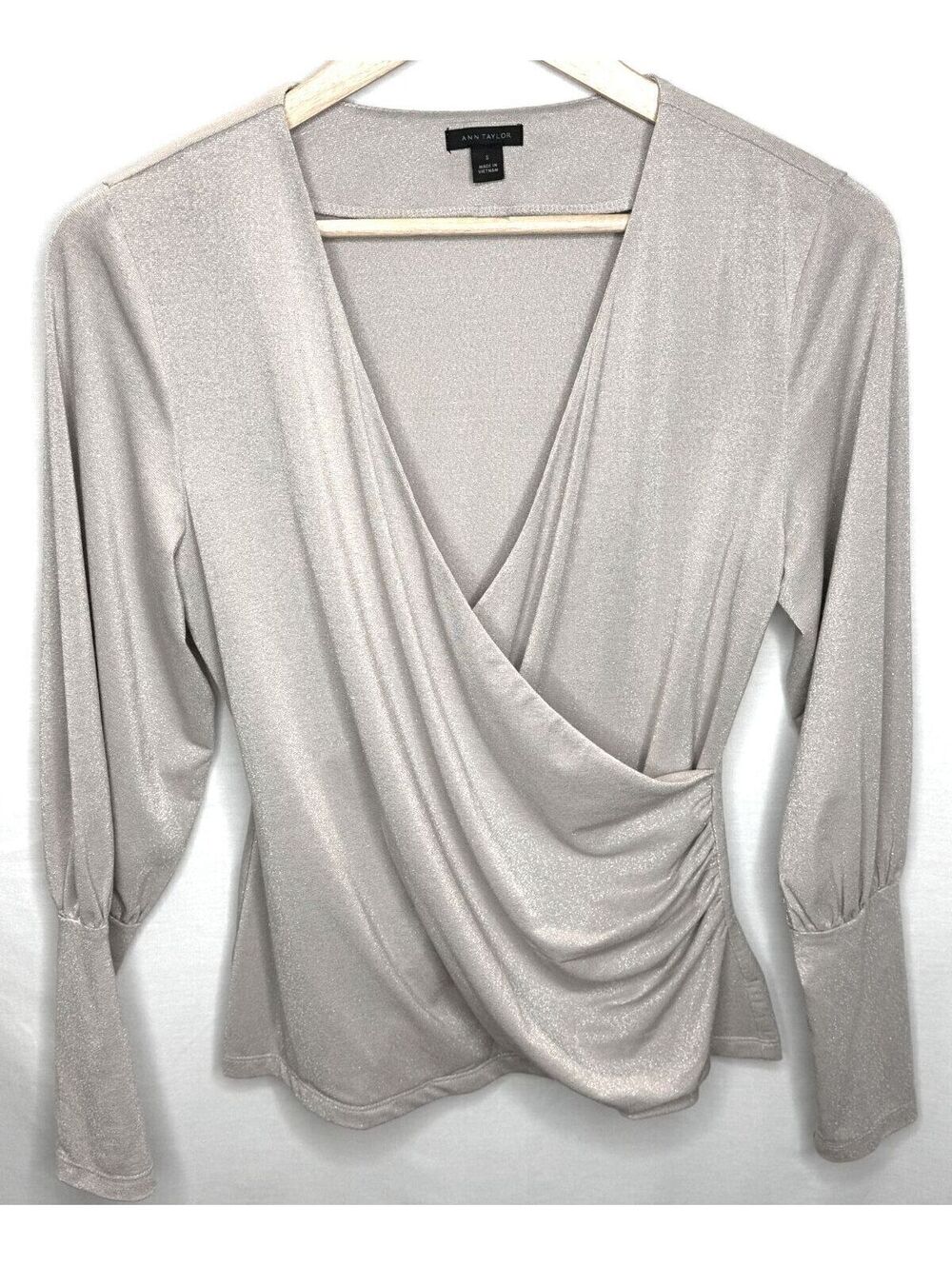 Ann Taylor Size Small Taupe Shimmer Surplice Faux Wrap Ruched Long Sleeve Top